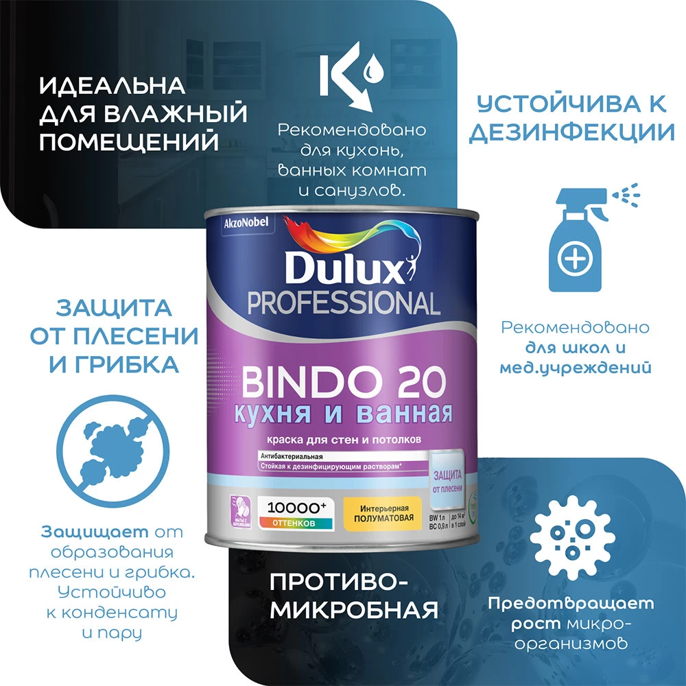 Краска моющаяся Dulux/Luxium Bindo 20 кухня и ванная база BW белая 2,5 л