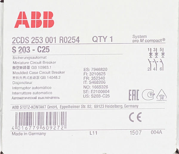 Автоматический выключатель модульный ABB S203 3P 25А тип C 6 кА 400 В (2CDS253001R0254)