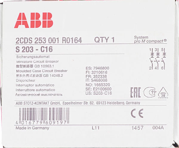 Автоматический выключатель модульный ABB S203 3P 16А тип C 6 кА 400 В (2CDS253001R0164)